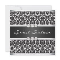 Black White Damask Sweet 16 Party Invite