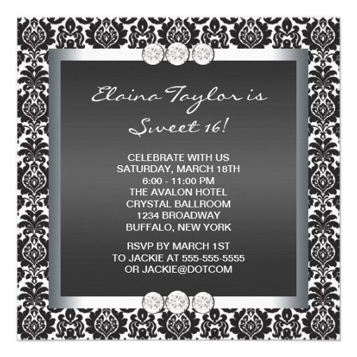 Black White Damask Sweet 16 Party Invite