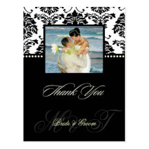 Black +  White Damask Thank You Photo postcards,
