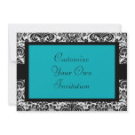 Black & White Damask, Turquoise Personalized Invite