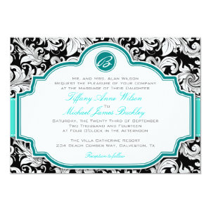 Black white damask turquoise wedding invitation 5