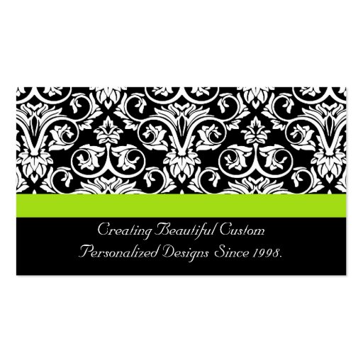 Black/White Damask w/Chartreuse Green Accent Strip Business Card (back side)