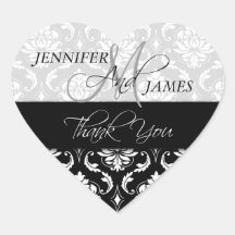 Black White Damask Wedding Favor Heart Sticker