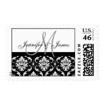 Black & White Damask Wedding Monogram Postage
