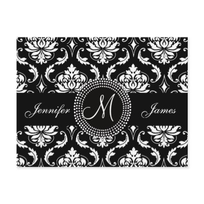 Black White Damask Wedding RSVP Postcard