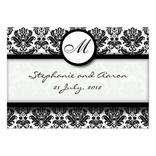 Black & White Damask Wedding Website Business Card (front side)
