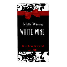 Black, White Damask with Bow Home Made Wine Labels