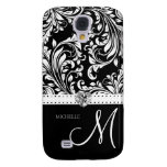 Black & White Damask with Diamond Heart & Monogram Galaxy S4 Case