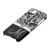 Black & White Damask with Diamond Heart & Monogram iPhone 5 Cases