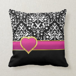 Black white damask with hot pink band and heart pillow