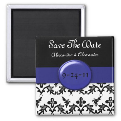 Black White Damask WIth Royal Blue Save The Date Refrigerator Magnet