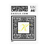 Black, White Damask with Yellow Monogram Postage postage