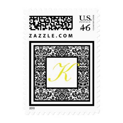 This monogrammed black and white damask with yellow wedding postage matches