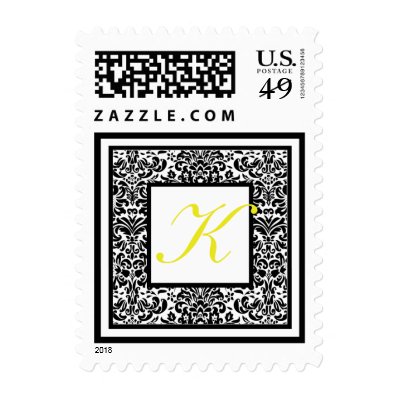 Black, White Damask with Yellow Monogram Postage