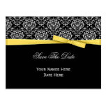 Black White Damask Yellow Bow Ribbon Save The Date postcards