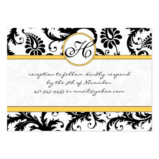 Black White Damask Yellow Trim Wedding Website Business Card Templates (front side)