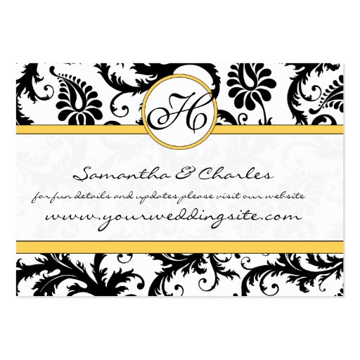 Black White Damask Yellow Trim Wedding Website Business Card Templates (back side)