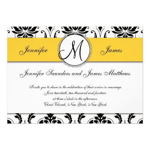 Black White Damask Yellow Wedding Invitation