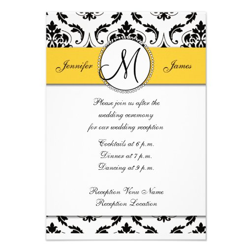 Black White Damask Yellow Wedding Reception Cards Custom Invite