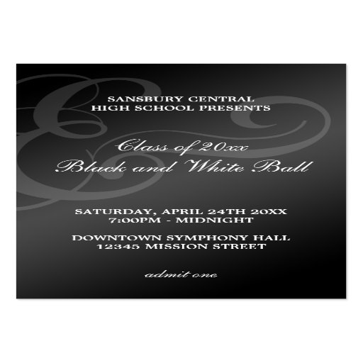 Black white dance formal prom bid admission ticket business card template
