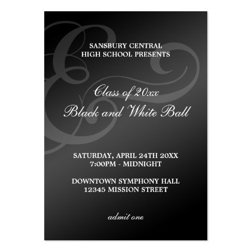 Black white dance formal prom bid admission ticket business card template (front side)