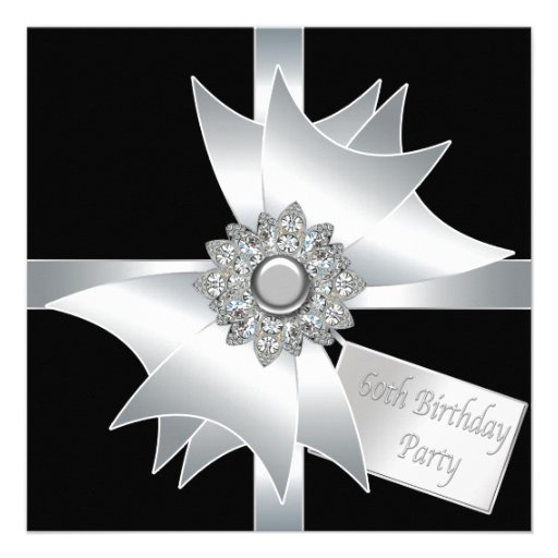 Black White Diamond Bow Womans 60th Birthday Party Personalized Announcement