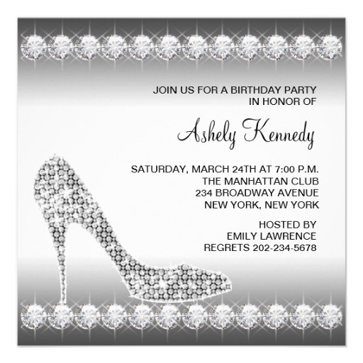 Black White Diamond High Heel Shoe Birthday Party Personalized Announcements