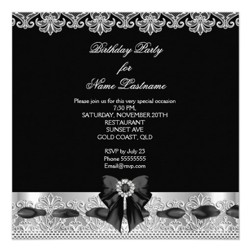Black White Diamonds Lace Birthday Party 2 Invite