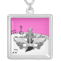 Black white electric guitar wings on pink necklaces