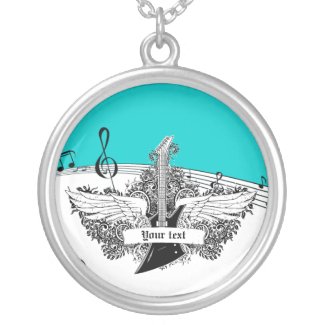 Black white electric guitar wings on turquoise necklace
