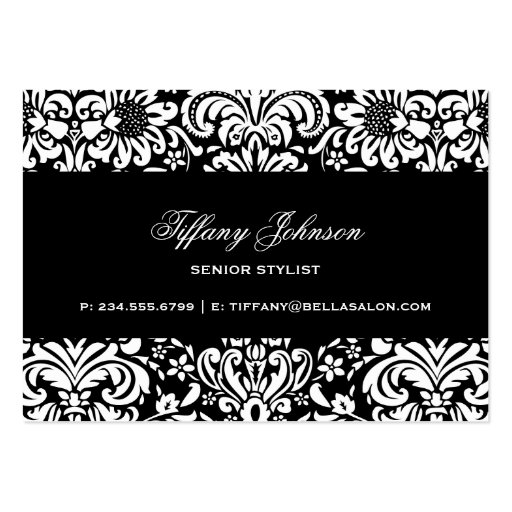 Black & White Elegant Floral Damask Business Card Template (back side)