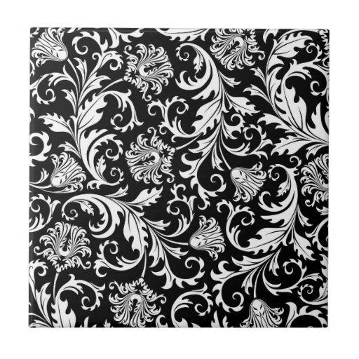 Black And White Elegant Floral Damask Pattern Ceramic Tiles Zazzle 8422