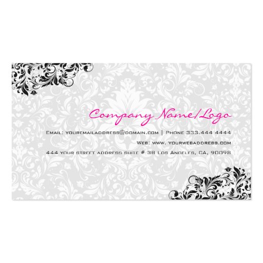 Black & White Floral Damasks 4 Wedding Planner Business Card Templates (back side)