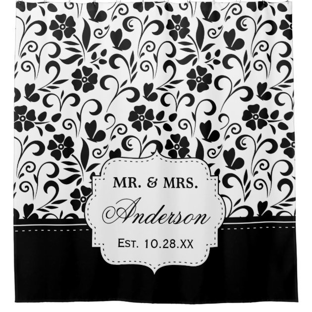 Black White Floral Just Married Wedding Date Shower Curtain-1