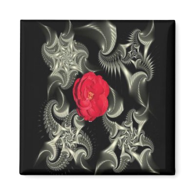 Black & white fractal w/red rose magnet by design_girl