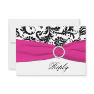 Black, White, Fuchsia Damask Reply Card invitation