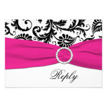 Black, White, Fuchsia Damask Reply Card Invite