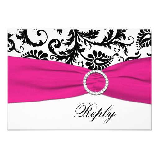 Black, White, Fuchsia Damask Reply Card Invite