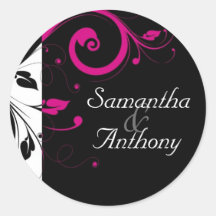 Black, White, Fuchsia Swirl Matching Envelope Seal Round Sticker