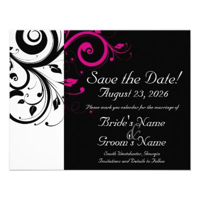Black, White, Fuchsia Swirl Wedding Save the Date Personalized Invites