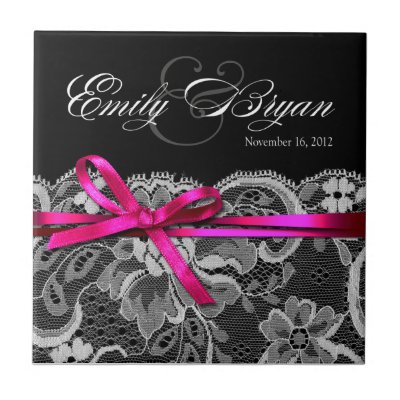 Black White Fuschia Lace Keepsake Wedding Favor Tile by Special Occasions