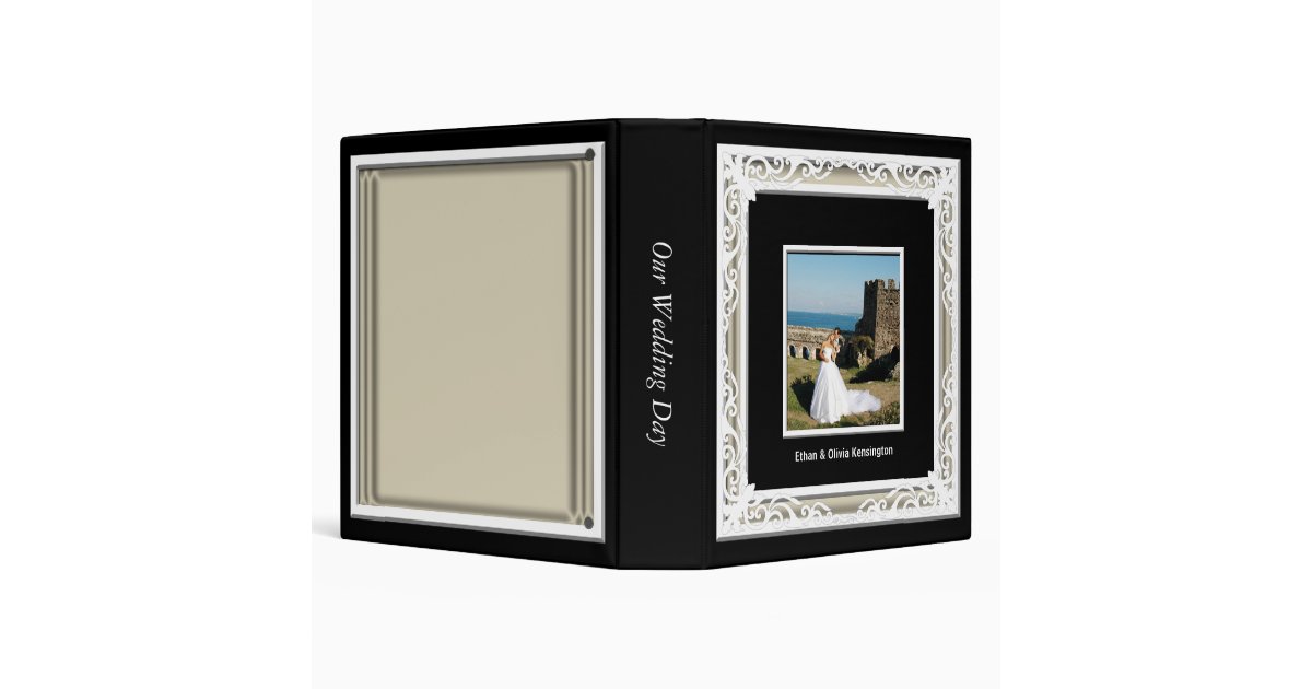 Black, White & Gold Photo Frame Wedding Album 3 Ring Binder Zazzle