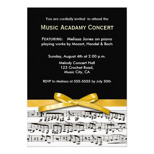 Black white & gold yellow musical concert recital invites