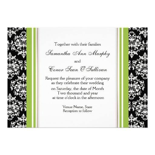 Black white green damask wedding engagement custom invites
