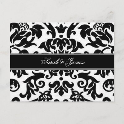 Black white & grey damask Wedding RSVP Postcard