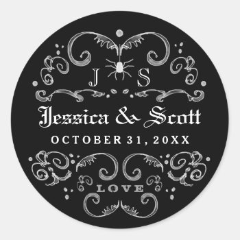 Black & White Halloween Gothic Wedding Names Date Classic Round Sticker by juliea2010 at Zazzle