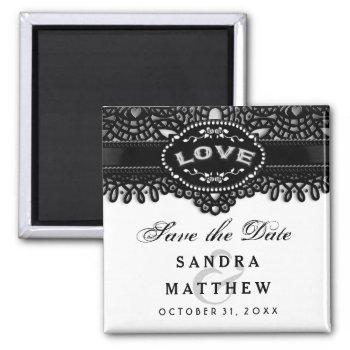 Black & White Halloween Lace Love Save Date 2 Inch Square Magnet by juliea2010 at Zazzle