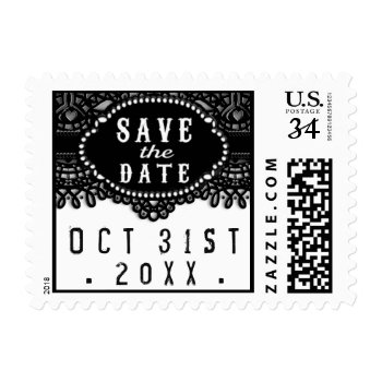 Black White Halloween Lace Wedding Save The Date Postage Stamp by juliea2010 at Zazzle