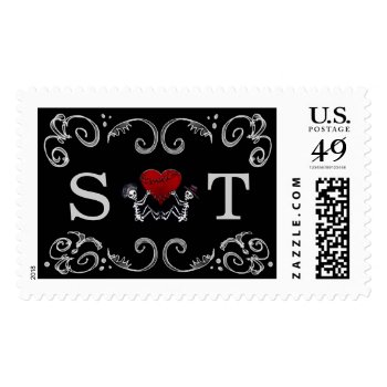 Black & White Halloween Skeleton Matching Wedding Postage Stamp by juliea2010 at Zazzle