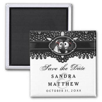 Black & White Halloween Skeletons Lace Save Date 2 Inch Square Magnet by juliea2010 at Zazzle